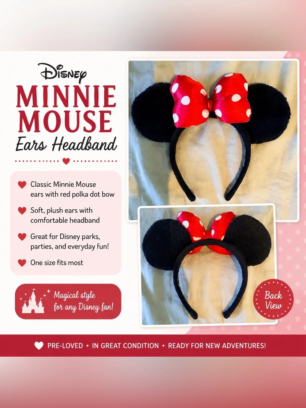 Disney Minnie Mouse Black Ear Headband with Red Polka Dot Bow
